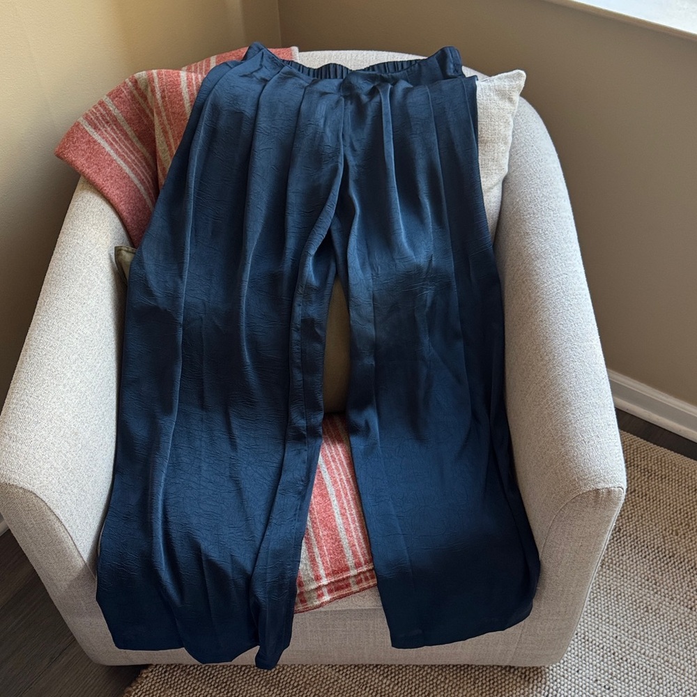 Navy Blue Wide-Leg Satin Pants